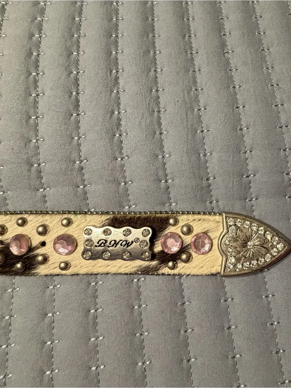Western-Style Women’s Belt with rhinestones Pink Cowhide genuine leather - Picture 6 of 12